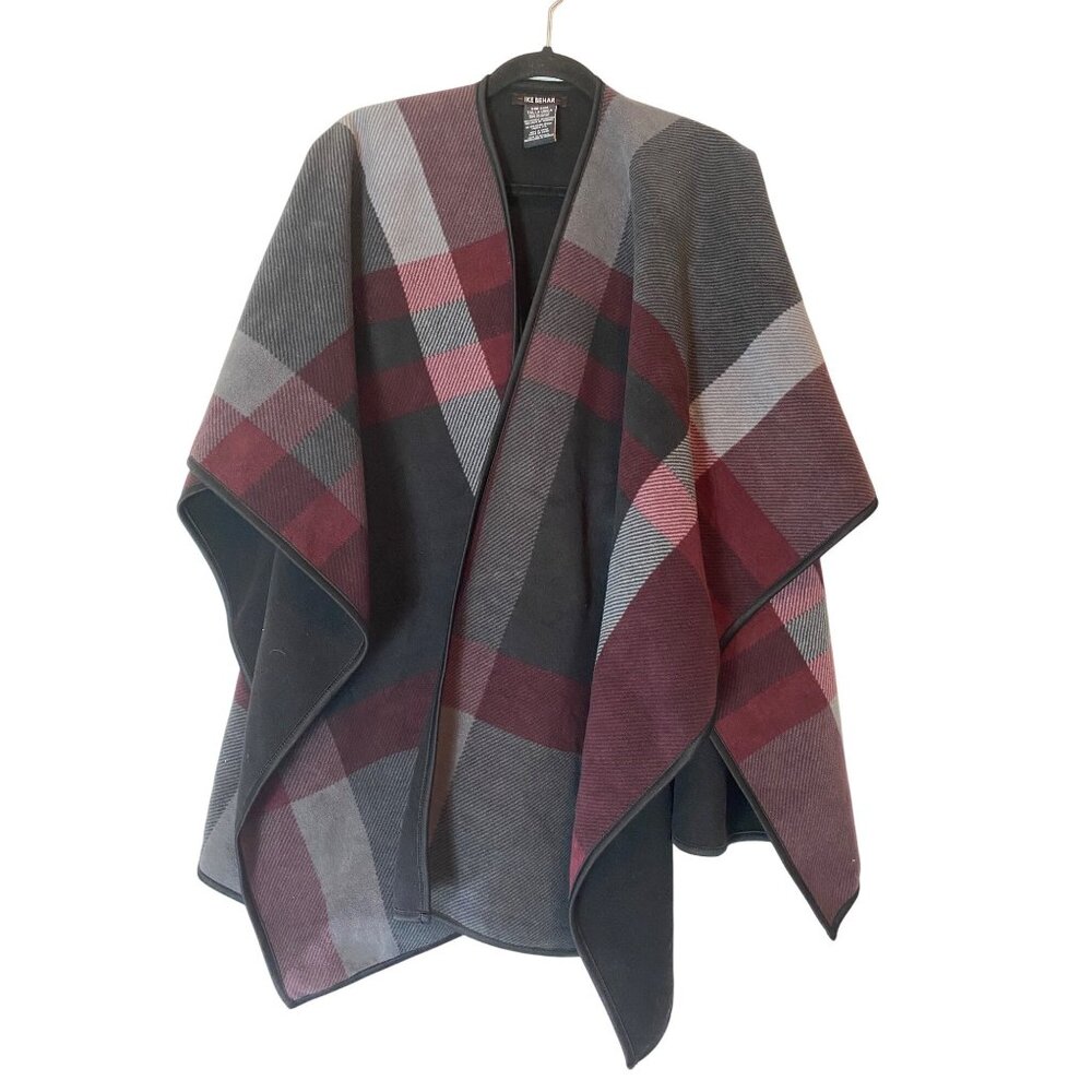 Ike Behar Plaid Wrap Poncho Plaid Black Burgundy & Gray One Size Fits Most